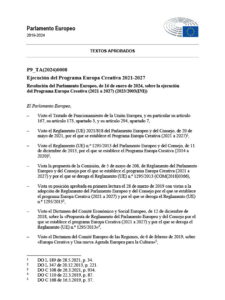 Informe del Parlamento Europeo sobre la aplicación de Europa Creativa